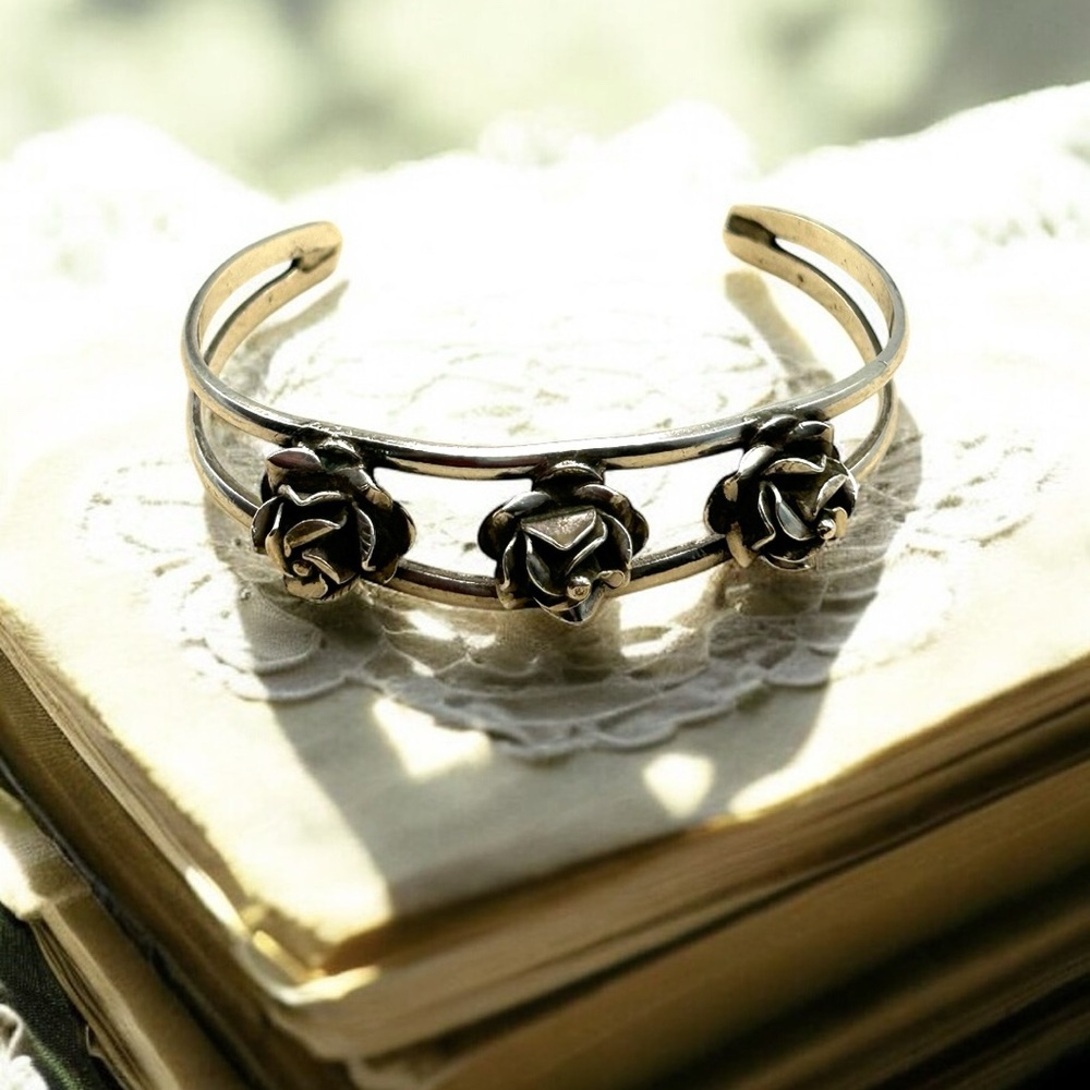 Vintage Signed Taxco Three Rose Cuff Bracelet 925 Sterling Silver 17g